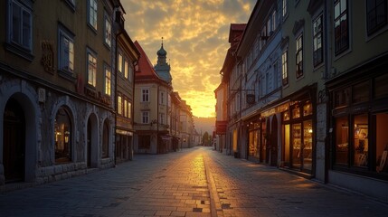 Obraz premium Sunrise over cobblestone street in old town.