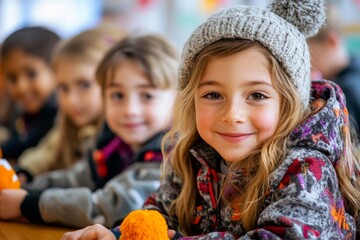 A diverse classroom of immigrant children learning together, with a teacher guiding them with patience and encouragement