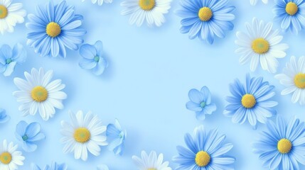Fototapeta premium A playful array of daisies in various shades of blue, each petal like a stroke of watercolor, on a light sky blue background that resembles a clear summer day
