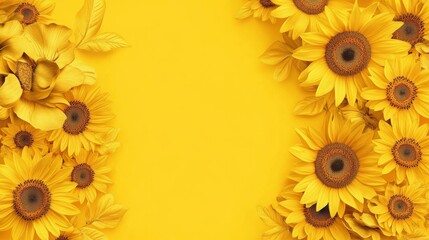 A joyful cluster of yellow sunflowers with bold, sunny faces and golden petals, on a warm mustard yellow background that radiates warmth and happiness © ArpPSIqee