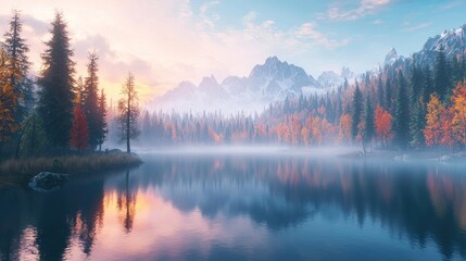 Fototapeta premium Serene autumn lake reflecting sunrise mountains.