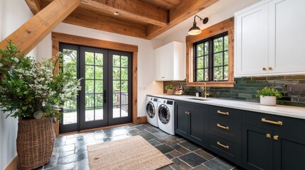 Modern farmhouse laundry room with dark green cabinets, white countertops, and French doors.