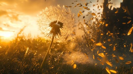 Dandelion seeds blowing in sunset.