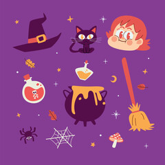 Hand drawn flat halloween elements collection