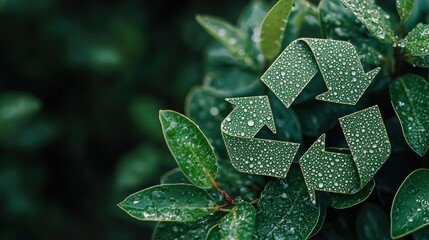 Recycling symbol formed by green leaves with water droplets.