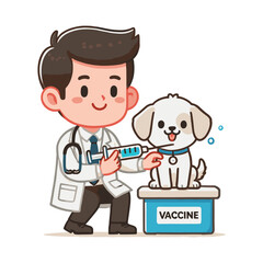 cartoon of a veterinarian administering a rabies vaccine to a puppy