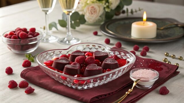 Romantic Dessert Setup with Cuberdons and Raspberries