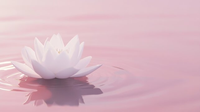 A serene lotus flower with delicate pink petals, floating on a tranquil pink water surface, Minimalist style