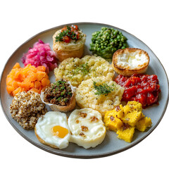 Delicious breakfast plate featuring a fried egg grilled vegetables and fresh tomatoes perfect for a hearty meal
