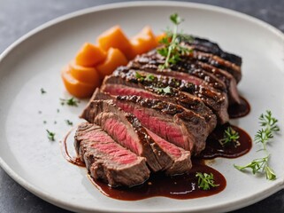 A perfectly sliced Asado Negro arranged on a matte white plate.