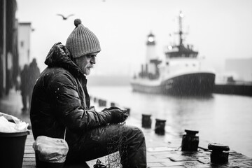 A fisherman repairing his net on a dock in IJmuiden, with industrial ships and the lighthouse visible in the distance