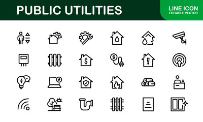 Public Utilities Icon Pack. Clean, Editable Line Icons for Energy, Water Supply, Waste Management, and Urban Infrastructure