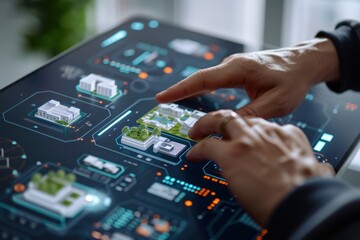 Hands interacting with a futuristic city map on a large touchscreen.