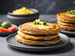 A side view of stacked Cachapas on a smooth, dark gray ceramic plate