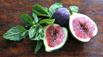 Fresh figs halved with mint leaves on wood.