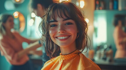 Cheerful hairstyling session salon portrait urban close-up