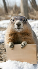 Groundhog holding a blank wooden sign in a snowy outdoor setting, with curious expression.