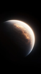 A planet partially illuminated with intricate glowing patterns on its surface against a dark cosmic backdrop.