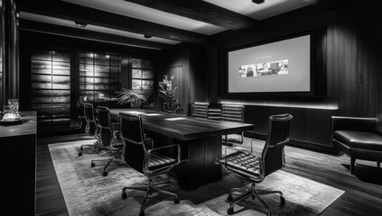 Monochromatic image of a modern, luxury conference room with a large wooden table, black leather chairs, and a projection screen.