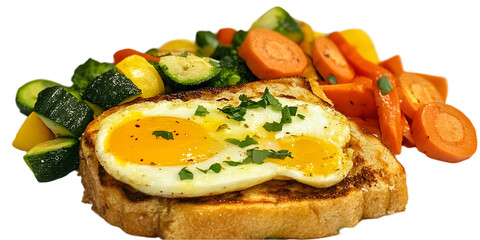 Delicious breakfast plate featuring a fried egg grilled vegetables and fresh tomatoes perfect for a hearty meal
