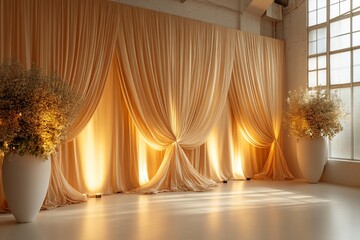 Elegant beige drapes backdrop illuminated with warm light, positioned in a spacious white room with potted plants.
