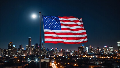 Naklejka premium American flag waving against city skyline at night