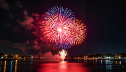 Colorful fireworks lighting up the night sky over water