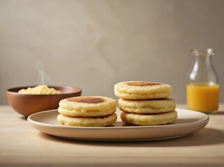 A minimalistic close-up of golden-brown arepas stacked on a white ceramic plate