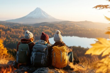 A group of hikers resting at a mountain peak, gazing at the panoramic view with a sense of achievement