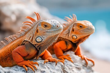 Fototapeta premium A group of iguanas basking together on a rocky shoreline, with waves crashing in the background