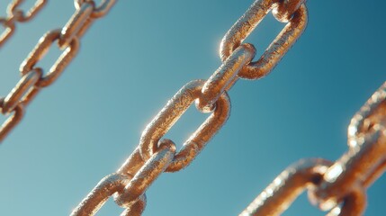 Chains connecting together in blue sky industrial environment close-up