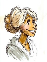 Cheerful cartoon woman with blonde bun.