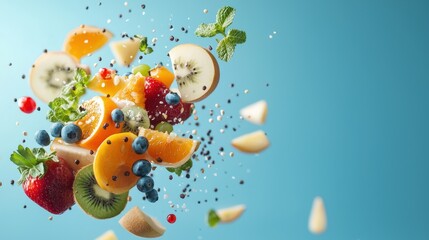 Colorful fruit basket display on white surface minimalist style