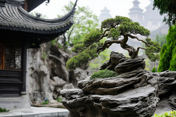 Fototapeta premium Bonzaï devant un temple chinois