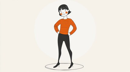 Confident woman in orange striped shirt and black pants.