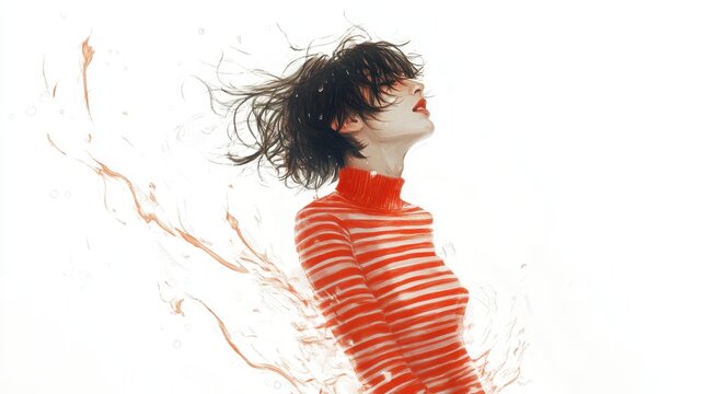 Woman with windblown hair, red striped shirt, orange splash.
