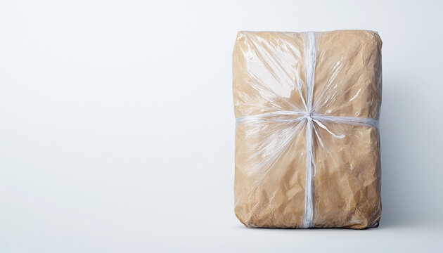 Supply chain management logistics technology. A wrapped package tied with string on a neutral background.