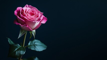 A single vibrant pink rose against a dark navy background, macro shot, Elegant style