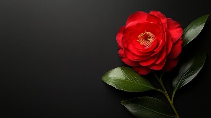 Obraz premium A single vibrant red camellia against a dark charcoal background, macro shot, Contemporary style