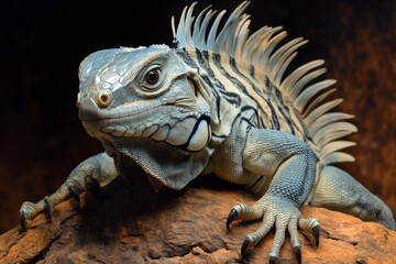 Fototapeta premium A large iguana climbing a tree branch, its tail wrapped around the bark and its head turned toward the camera