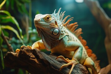 Fototapeta premium A large iguana climbing a tree branch, its tail wrapped around the bark and its head turned toward the camera