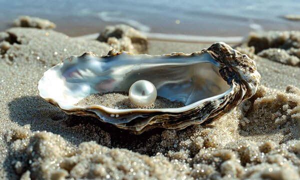 Oyster shell with shiny pearl on sandy beach