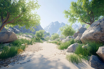 Serene mountain valley path, sunlight dappling through lush green trees and grasses beside a sandy trail amongst rocks.