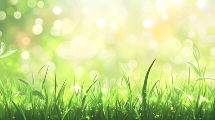 Fototapeta premium Blurred natural landscape with green grass and soft bokeh background, Beautiful sunny spring meadow with green grass and blue sky. Abstract background with light bokeh and space for text.