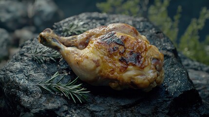 Obraz premium Roasted chicken on dark rock with rosemary.