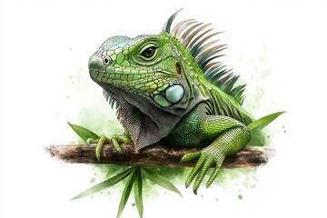 Obraz premium A minimalist illustration of an iguana resting on a branch, drawn in clean, simple lines with muted green tones