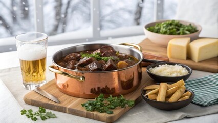 Festive Carbonnade Flamande Presentation with Beer and Cheese