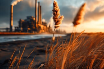 A panoramic view of the Tata Steel plant in IJmuiden, with its industrial structures contrasting against the natural coastline