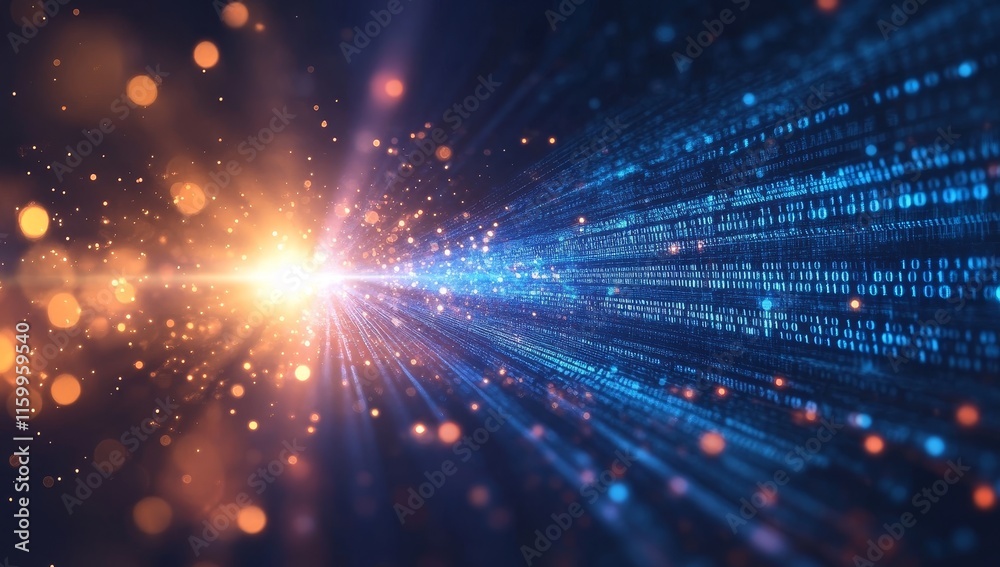 Fototapete Abstract digital data stream, binary code, glowing particles, light burst.