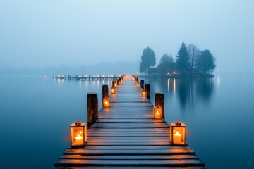 Obraz premium A peaceful evening at the IJsselmeer, with wooden piers extending into the water and lanterns glowing softly